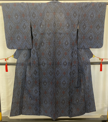 Japanese Vintage Kimono Silk Navy No Lining Oshima Tumugi Traditional Length57in0