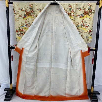 Japanese Vintage Kimono Polyester Yellow Komon Traditional Authentic Length 66in2