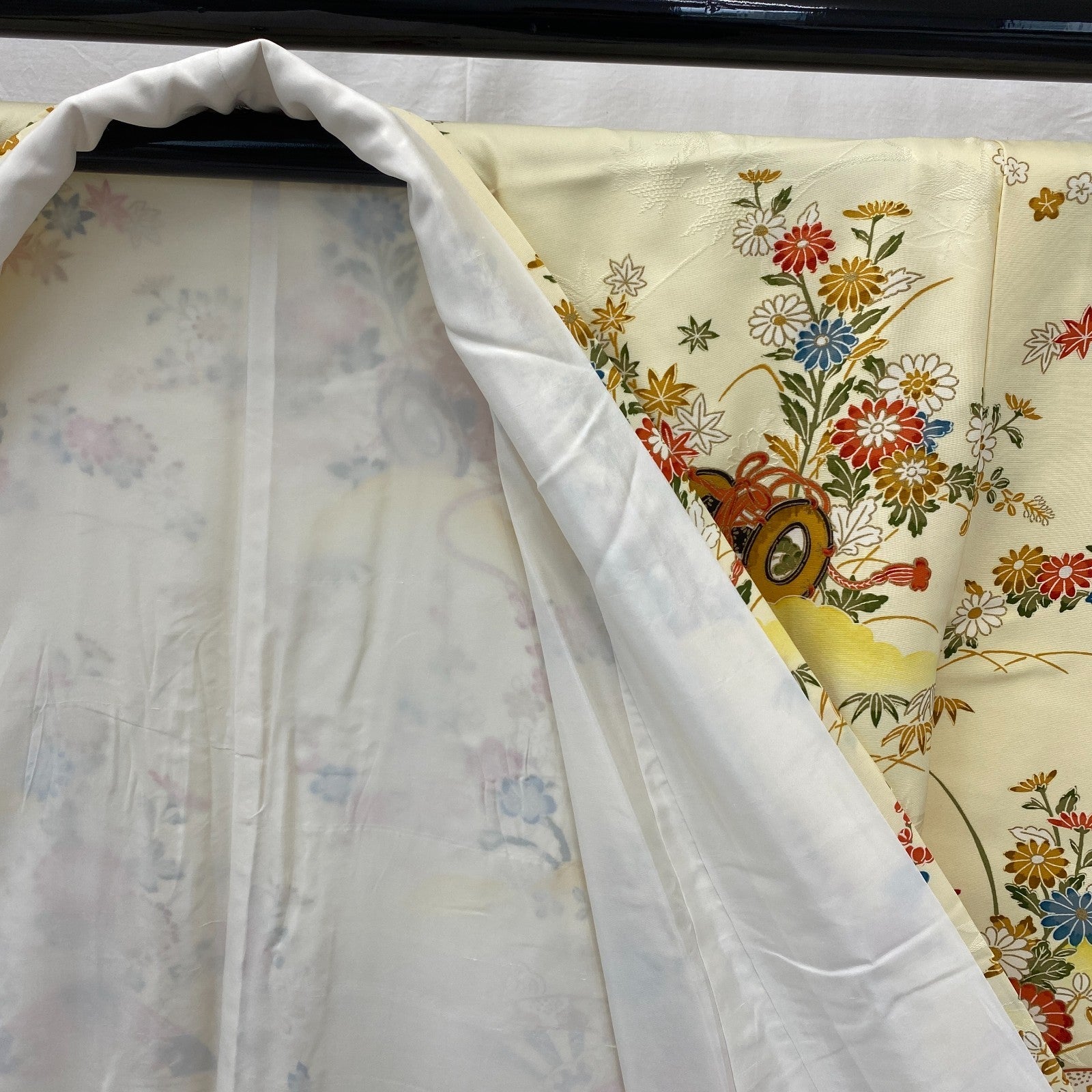 Japanese Vintage Kimono Polyester Yellow Komon Traditional Authentic Length 66in6