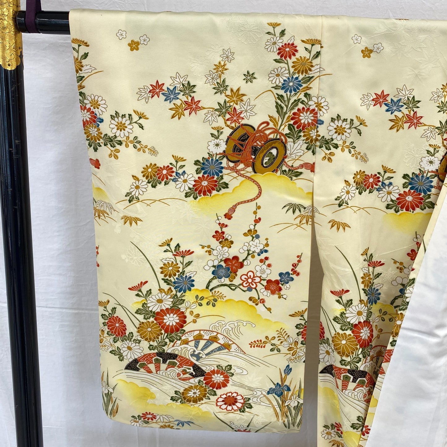 Japanese Vintage Kimono Polyester Yellow Komon Traditional Authentic Length 66in4