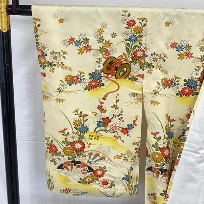 Japanese Vintage Kimono Polyester Yellow Komon Traditional Authentic Length 66in4