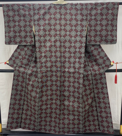 Japanese Vintage Kimono Silk Gray Oshima Traditional Authentic Length 59in0