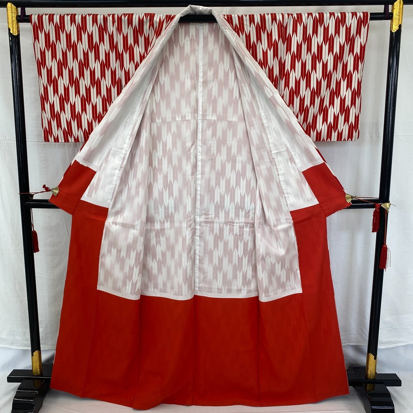 Japanese Vintage Kimono Cotton Red Komon Traditional Authentic Length 63 in2