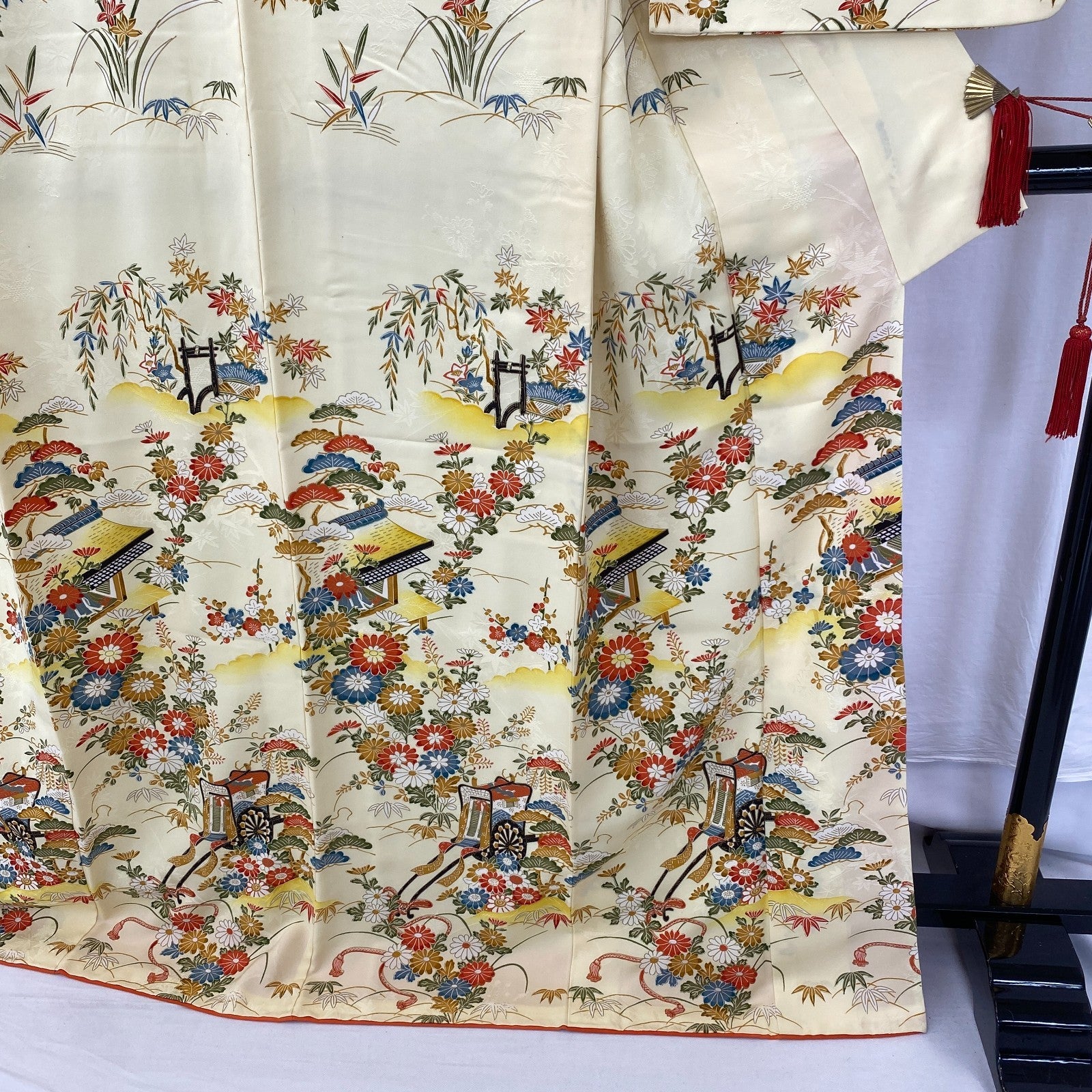 Japanese Vintage Kimono Polyester Yellow Komon Traditional Authentic Length 66in19