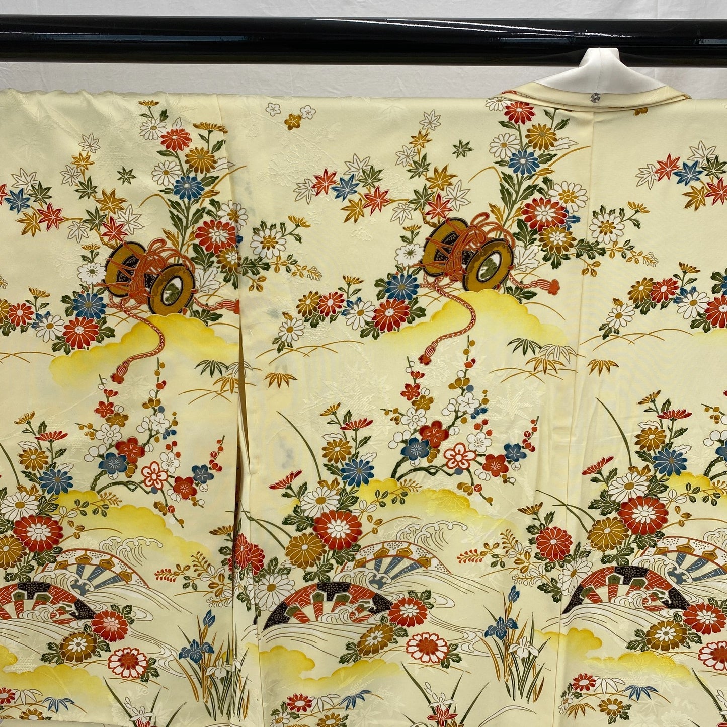 Japanese Vintage Kimono Polyester Yellow Komon Traditional Authentic Length 66in13