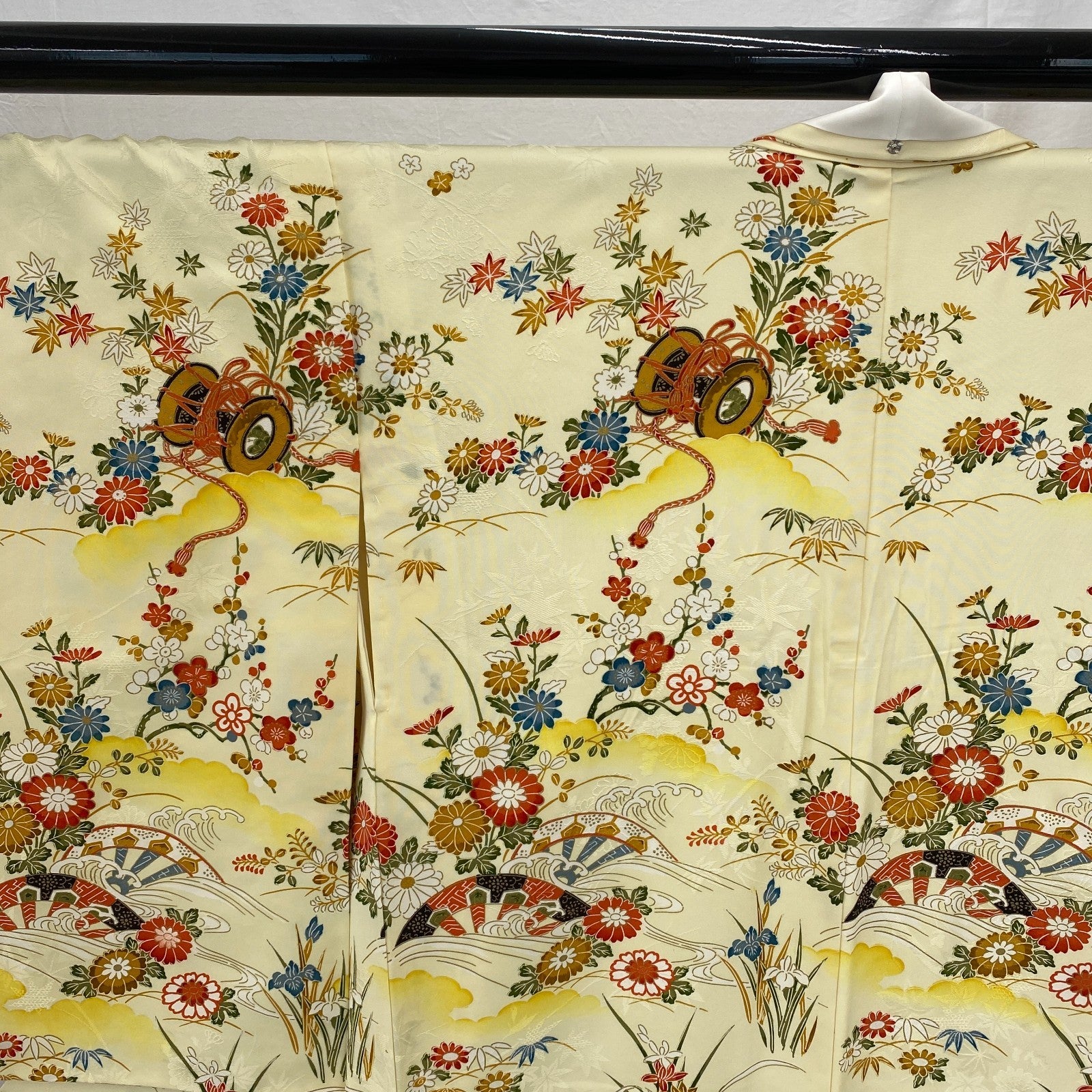 Japanese Vintage Kimono Polyester Yellow Komon Traditional Authentic Length 66in13