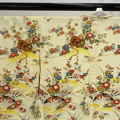 Japanese Vintage Kimono Polyester Yellow Komon Traditional Authentic Length 66in13