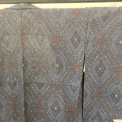 Japanese Vintage Kimono Silk Navy No Lining Oshima Tumugi Traditional Length57in17