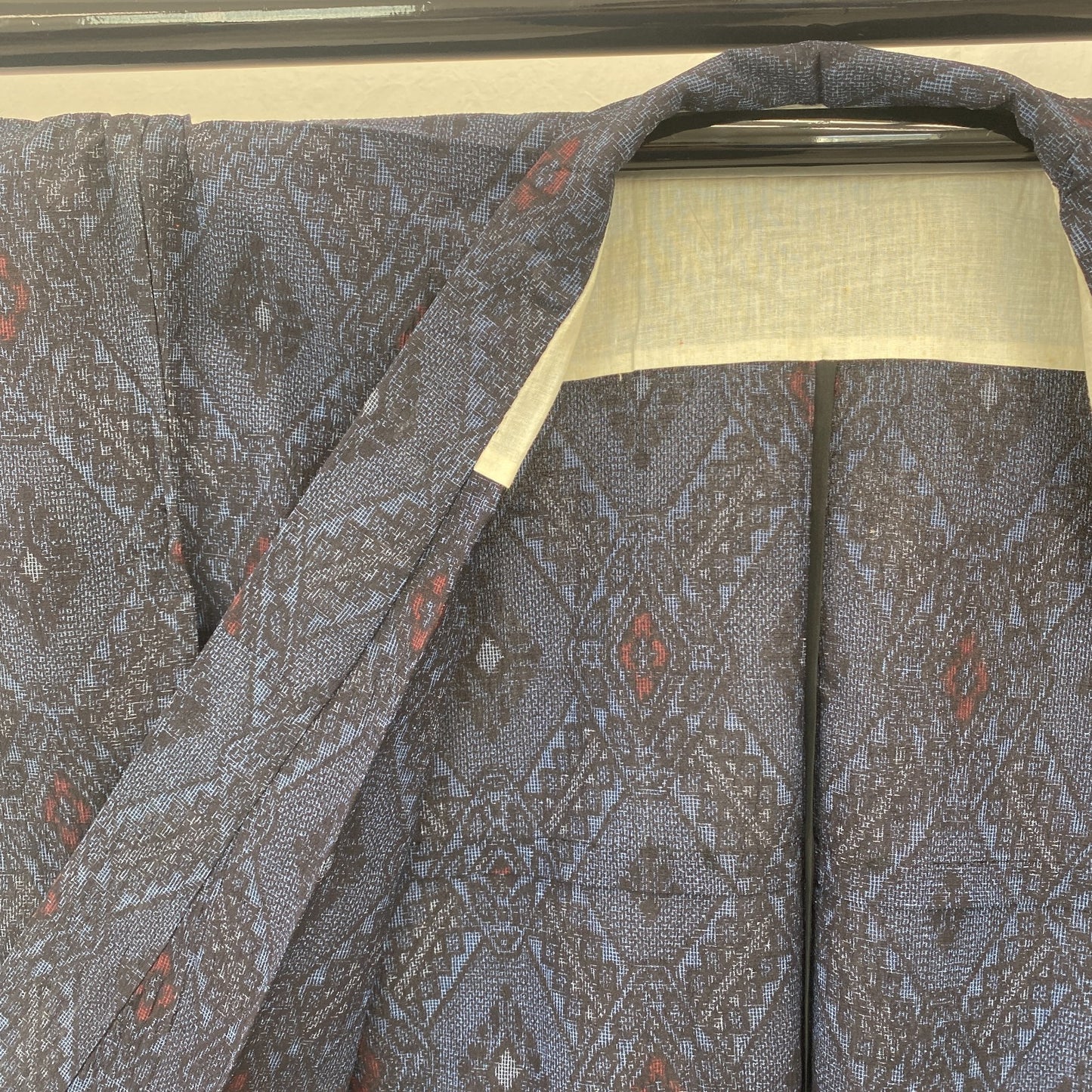 Japanese Vintage Kimono Silk Navy No Lining Oshima Tumugi Traditional Length57in5