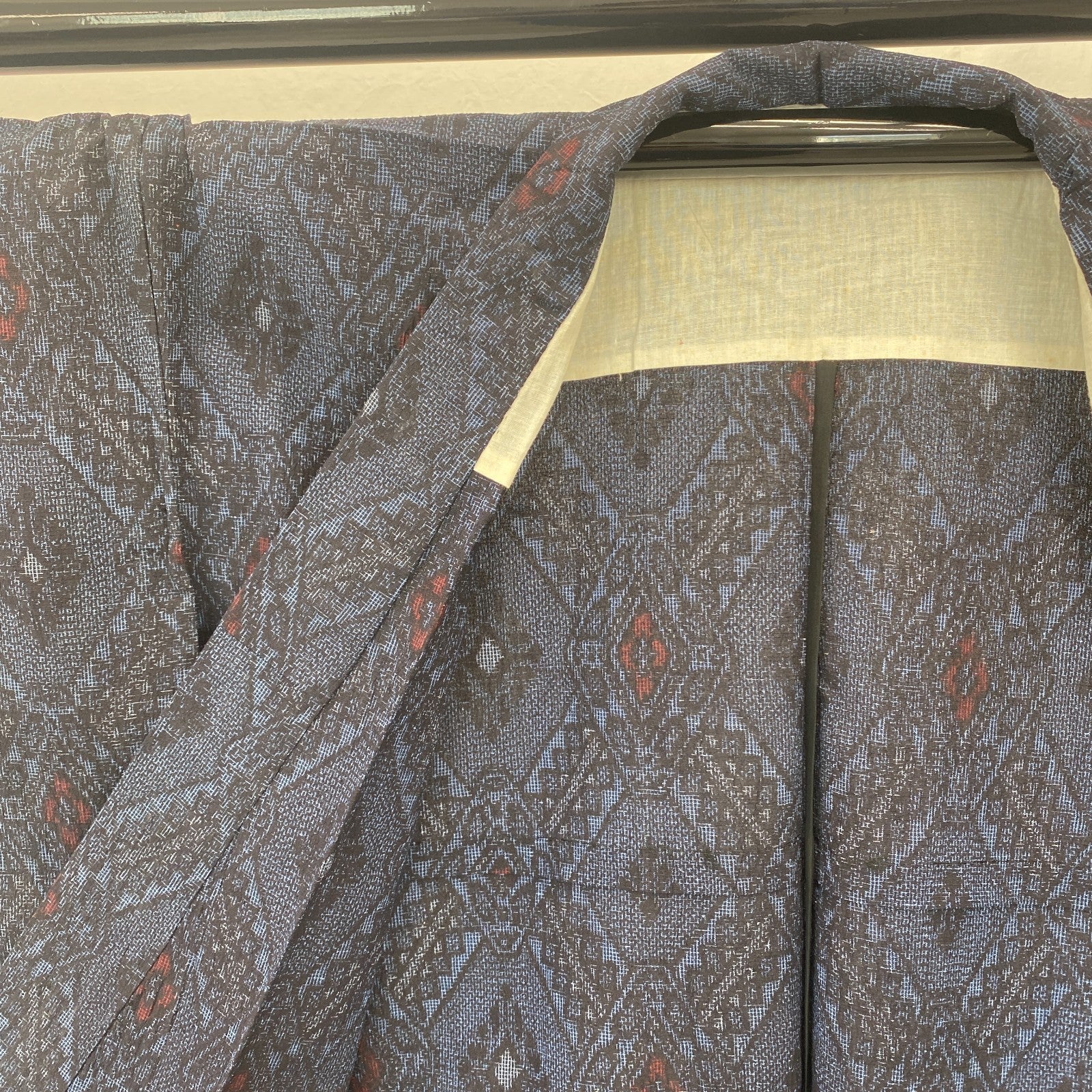 Japanese Vintage Kimono Silk Navy No Lining Oshima Tumugi Traditional Length57in5