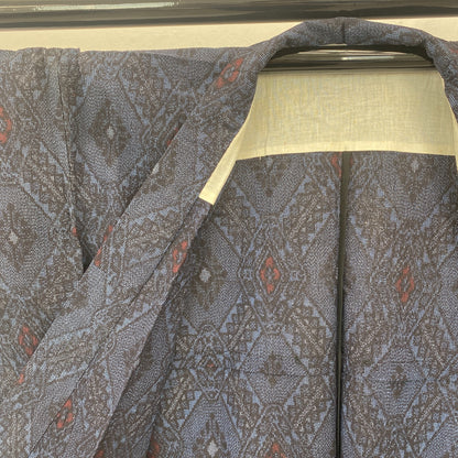 Japanese Vintage Kimono Silk Navy No Lining Oshima Tumugi Traditional Length57in5