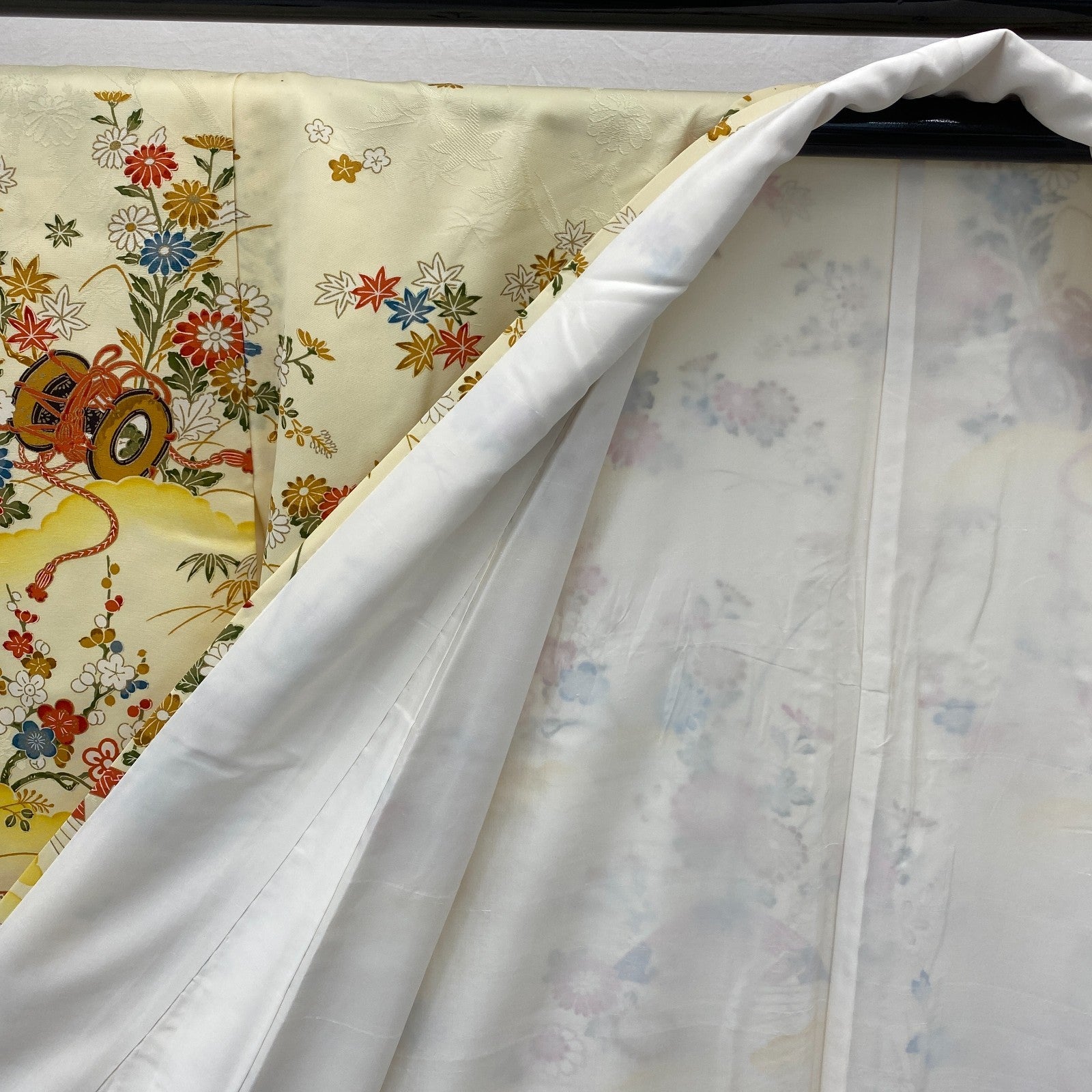 Japanese Vintage Kimono Polyester Yellow Komon Traditional Authentic Length 66in5