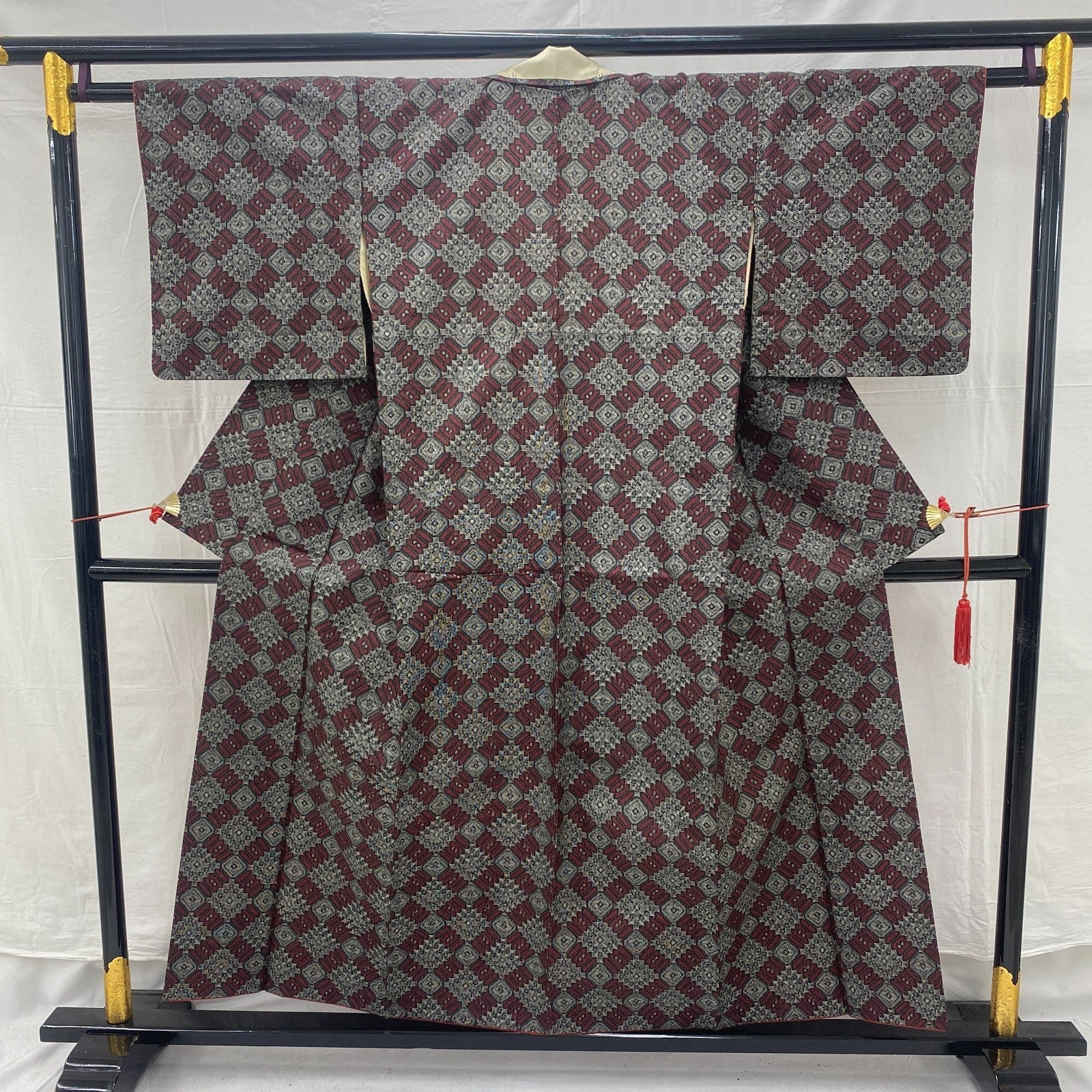 Japanese Vintage Kimono Silk Gray Oshima Traditional Authentic Length 59in13