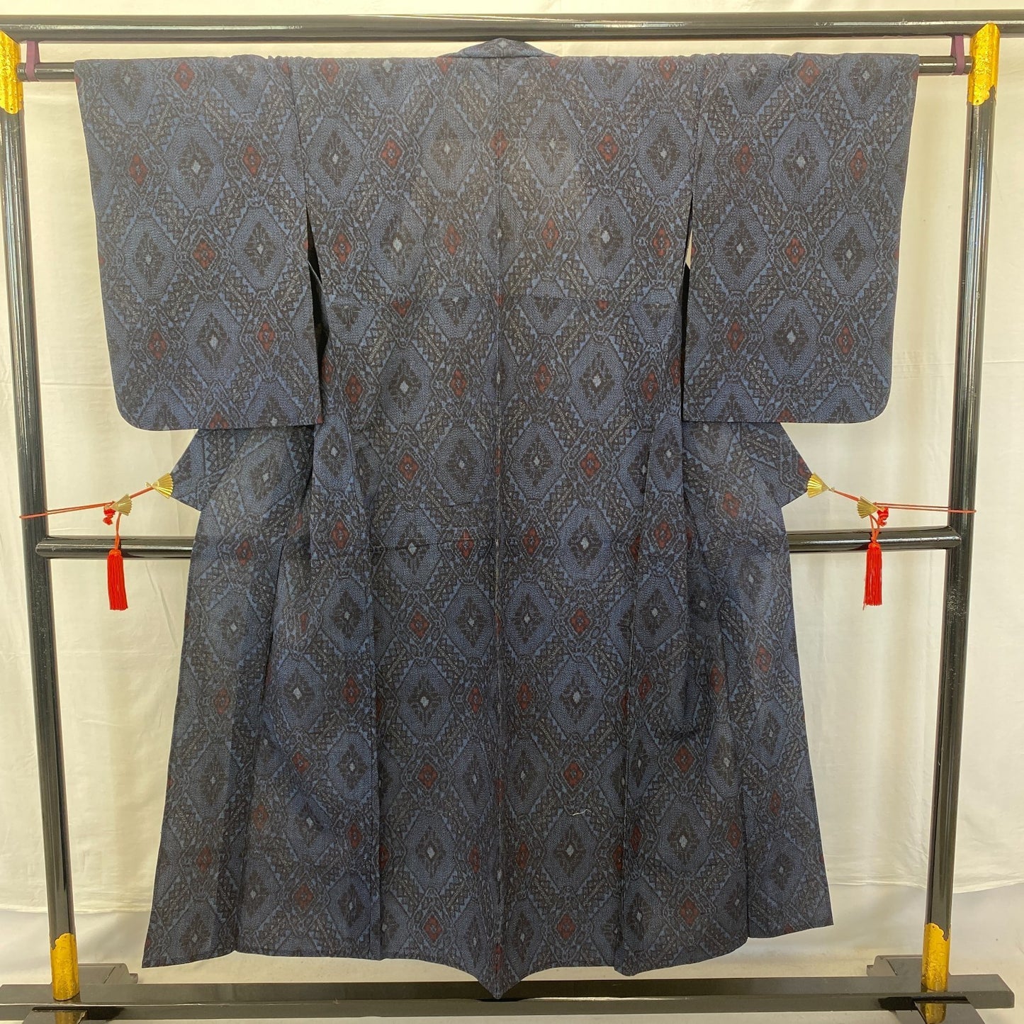 Japanese Vintage Kimono Silk Navy No Lining Oshima Tumugi Traditional Length57in13
