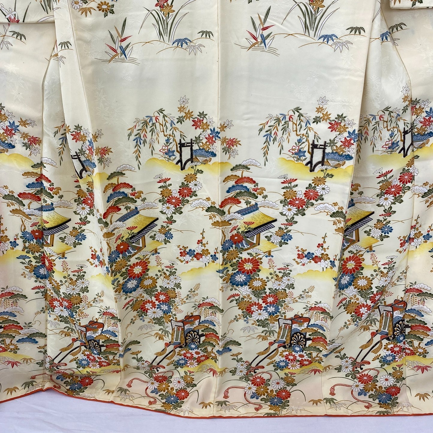 Japanese Vintage Kimono Polyester Yellow Komon Traditional Authentic Length 66in18
