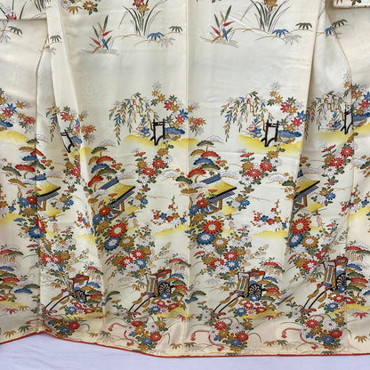Japanese Vintage Kimono Polyester Yellow Komon Traditional Authentic Length 66in18