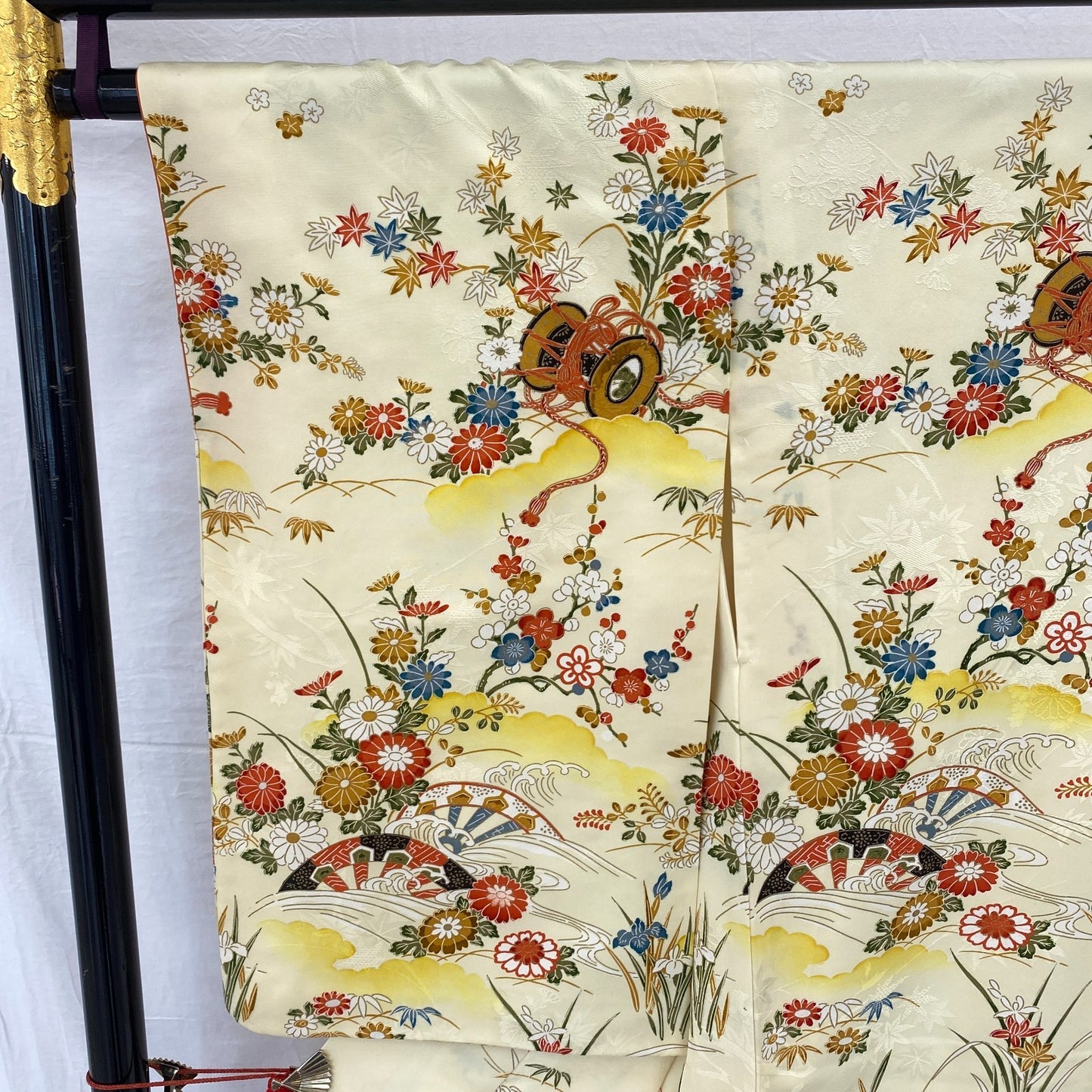 Japanese Vintage Kimono Polyester Yellow Komon Traditional Authentic Length 66in12