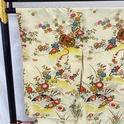 Japanese Vintage Kimono Polyester Yellow Komon Traditional Authentic Length 66in12