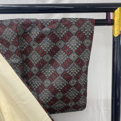 Japanese Vintage Kimono Silk Gray Oshima Traditional Authentic Length 59in7