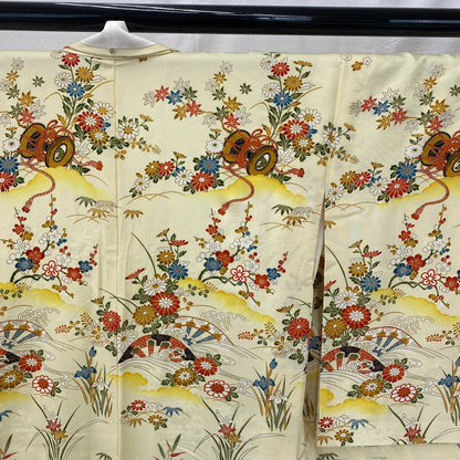 Japanese Vintage Kimono Polyester Yellow Komon Traditional Authentic Length 66in14