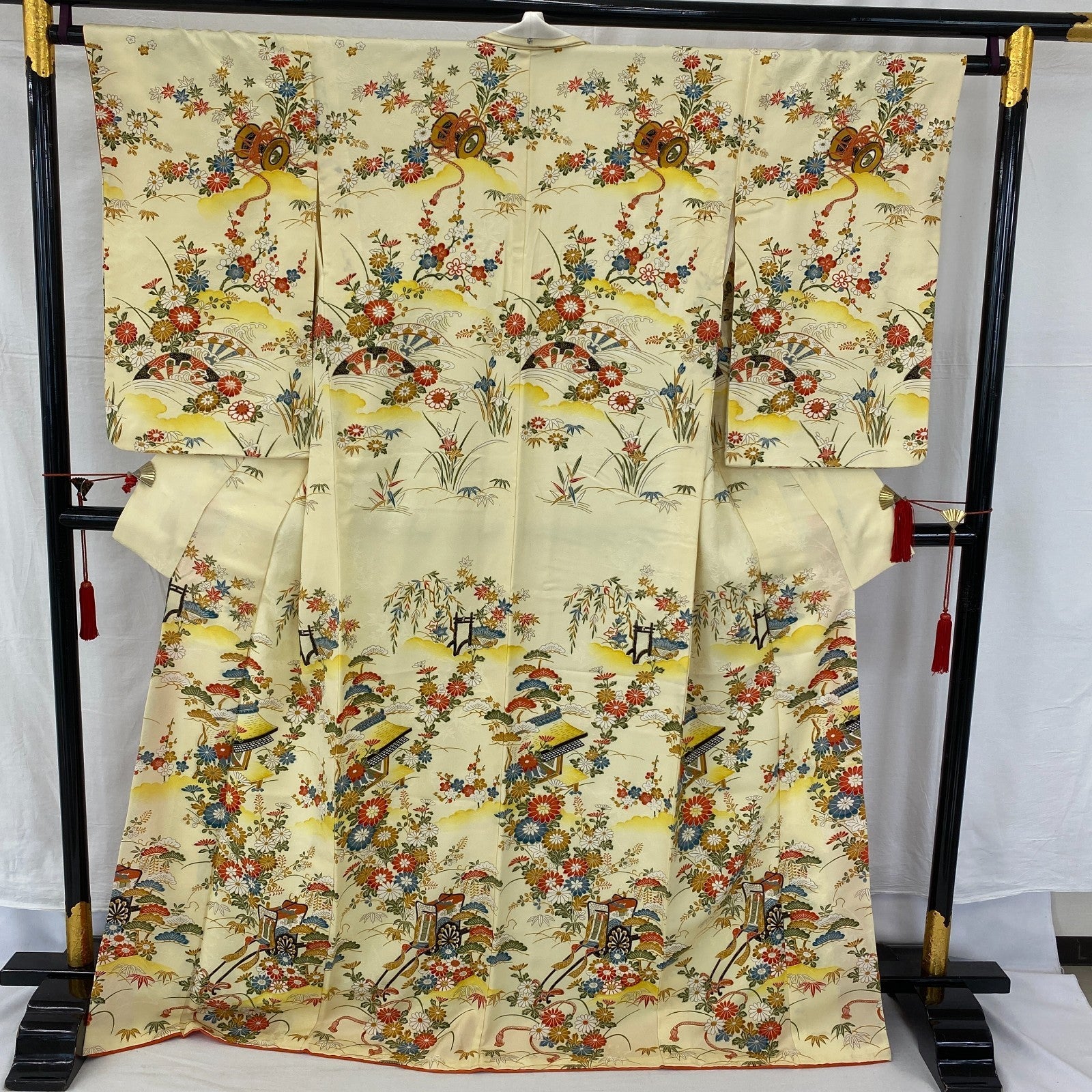 Japanese Vintage Kimono Polyester Yellow Komon Traditional Authentic Length 66in10