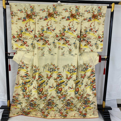 Japanese Vintage Kimono Polyester Yellow Komon Traditional Authentic Length 66in10