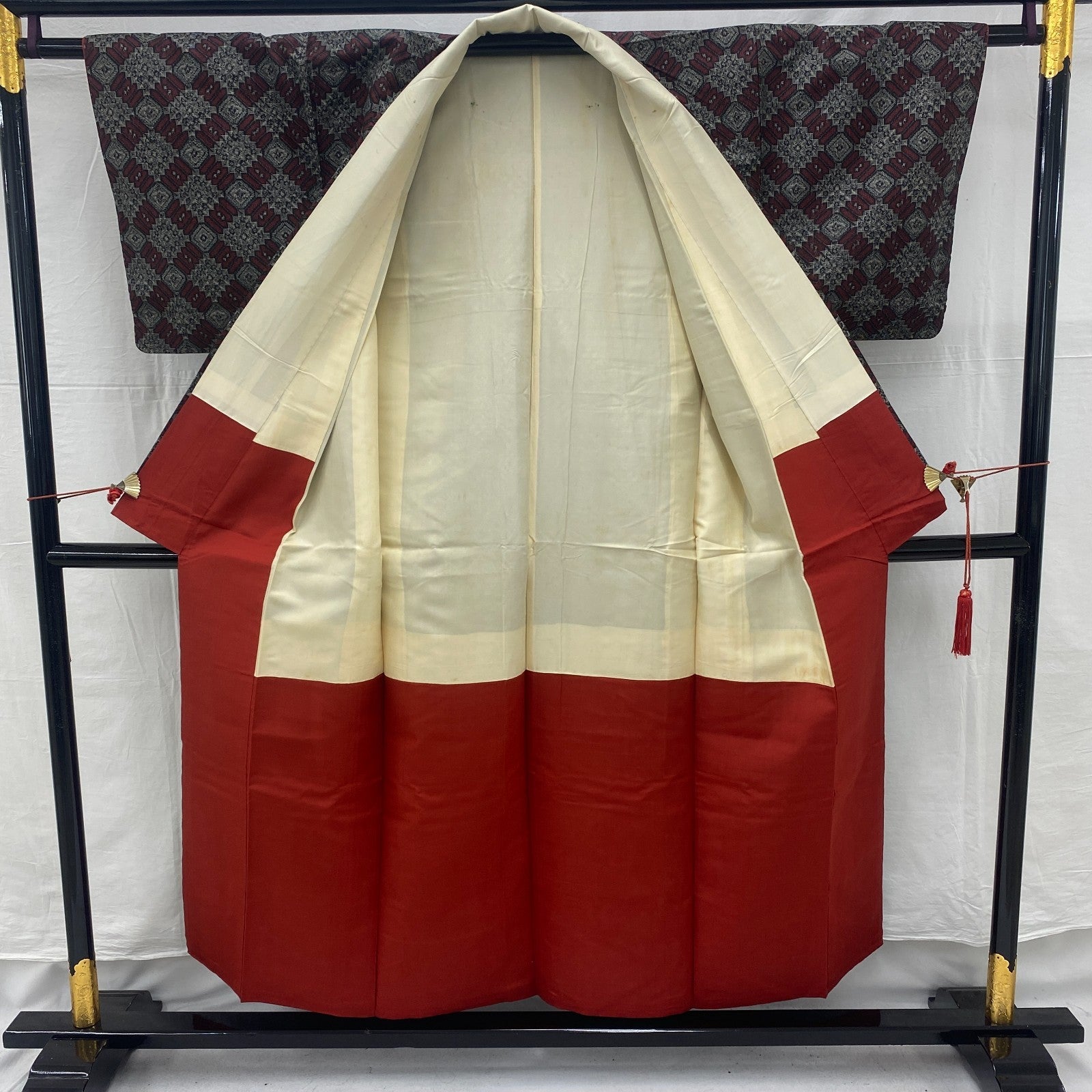 Japanese Vintage Kimono Silk Gray Oshima Traditional Authentic Length 59in2