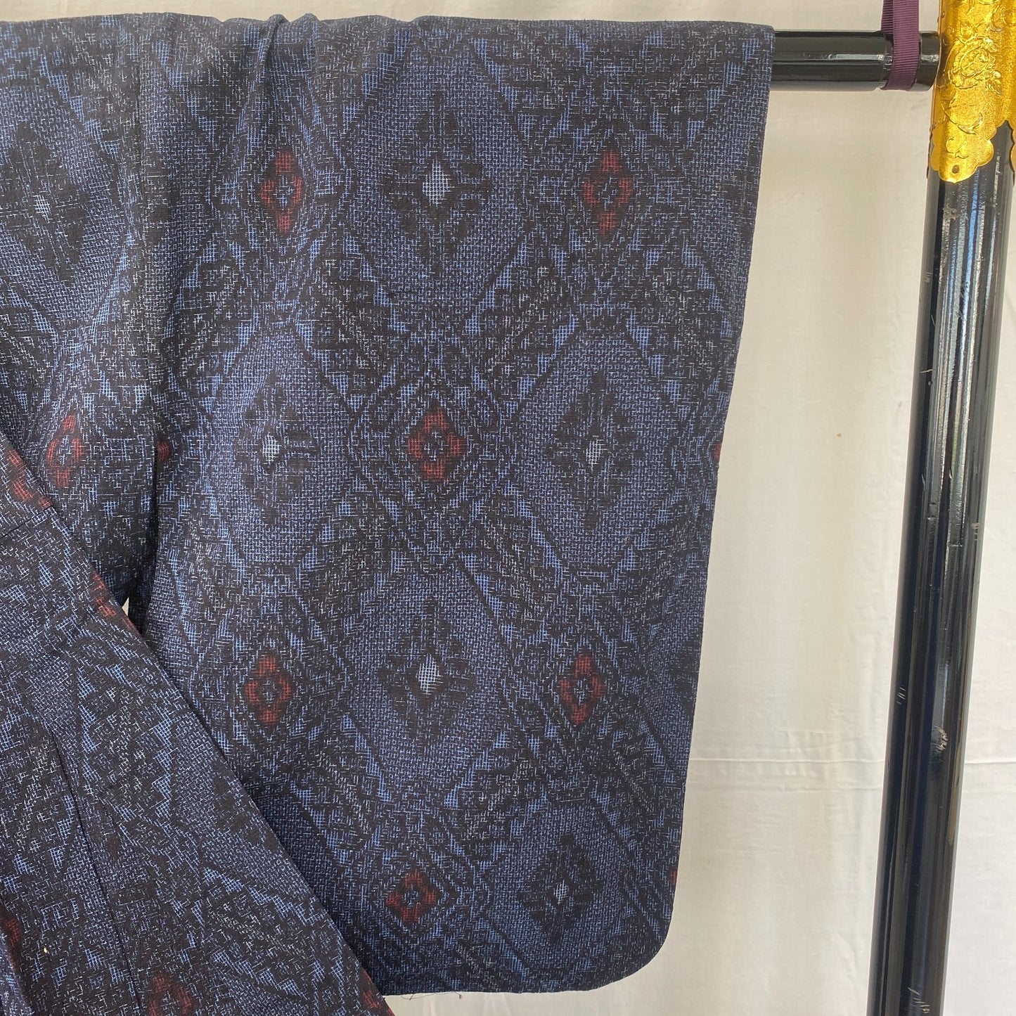 Japanese Vintage Kimono Silk Navy No Lining Oshima Tumugi Traditional Length57in7