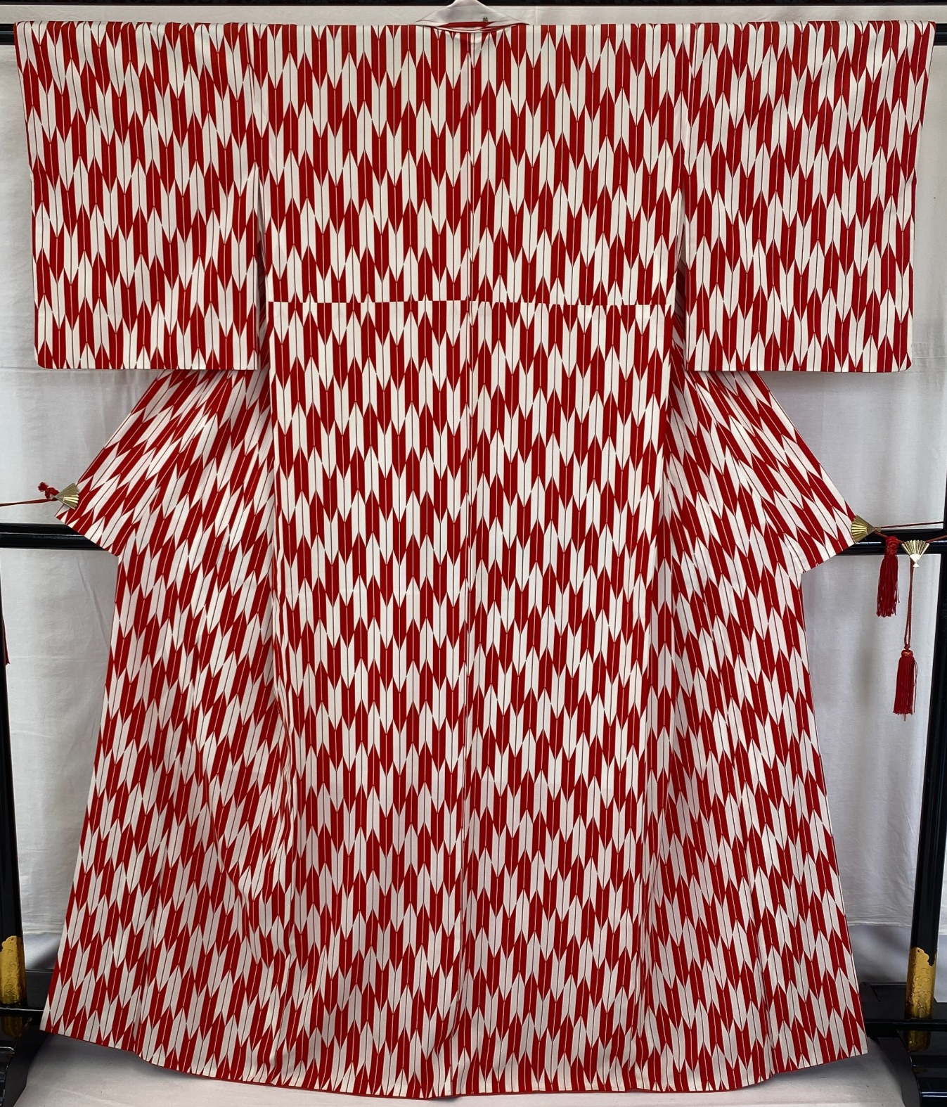 Japanese Vintage Kimono Cotton Red Komon Traditional Authentic Length 63 in0