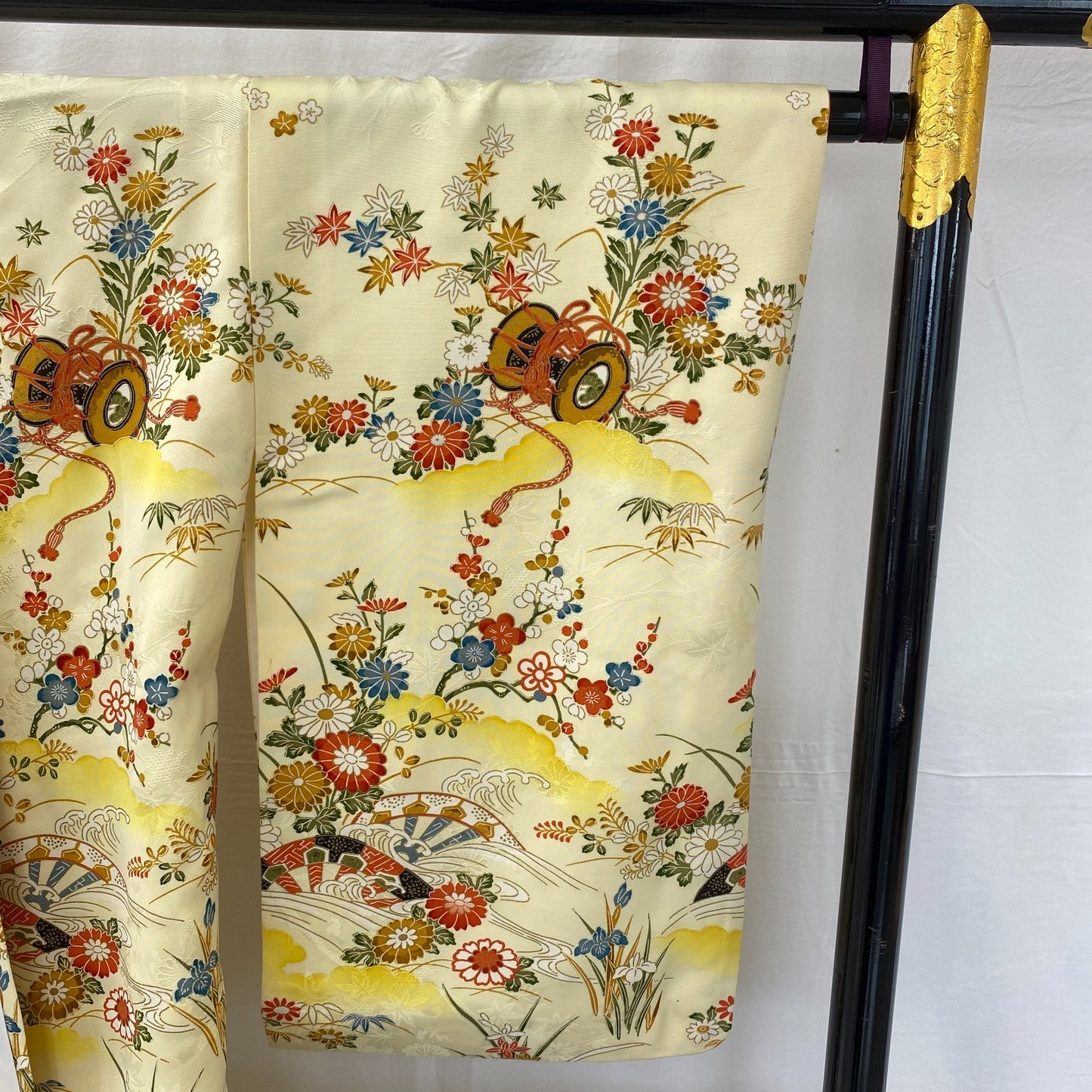 Japanese Vintage Kimono Polyester Yellow Komon Traditional Authentic Length 66in7