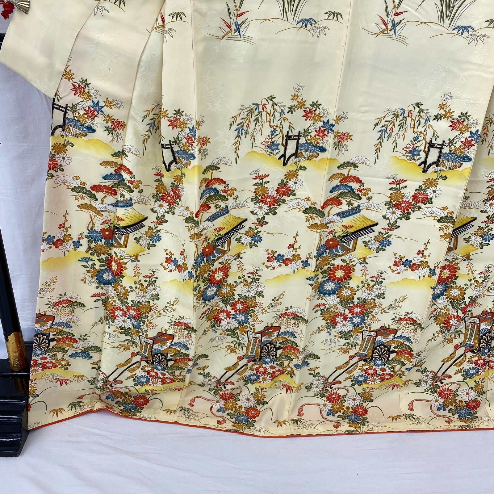 Japanese Vintage Kimono Polyester Yellow Komon Traditional Authentic Length 66in17