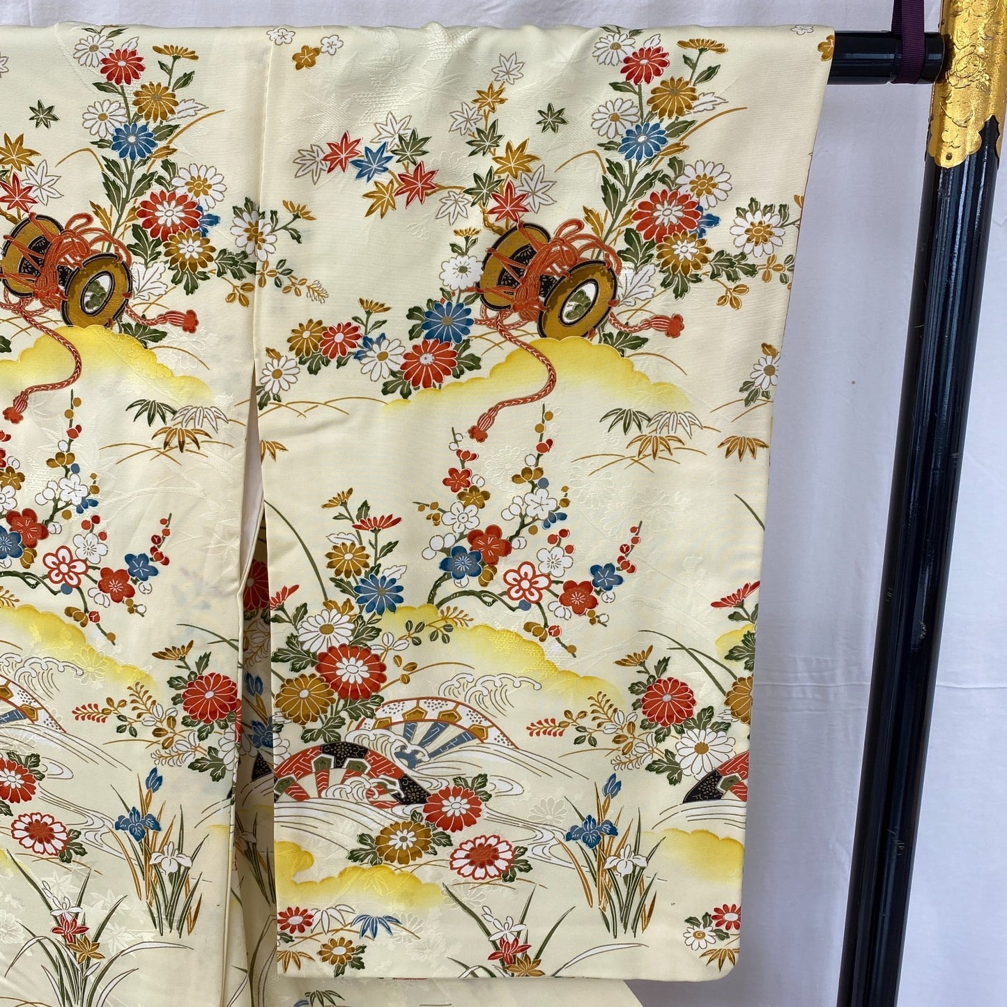 Japanese Vintage Kimono Polyester Yellow Komon Traditional Authentic Length 66in15