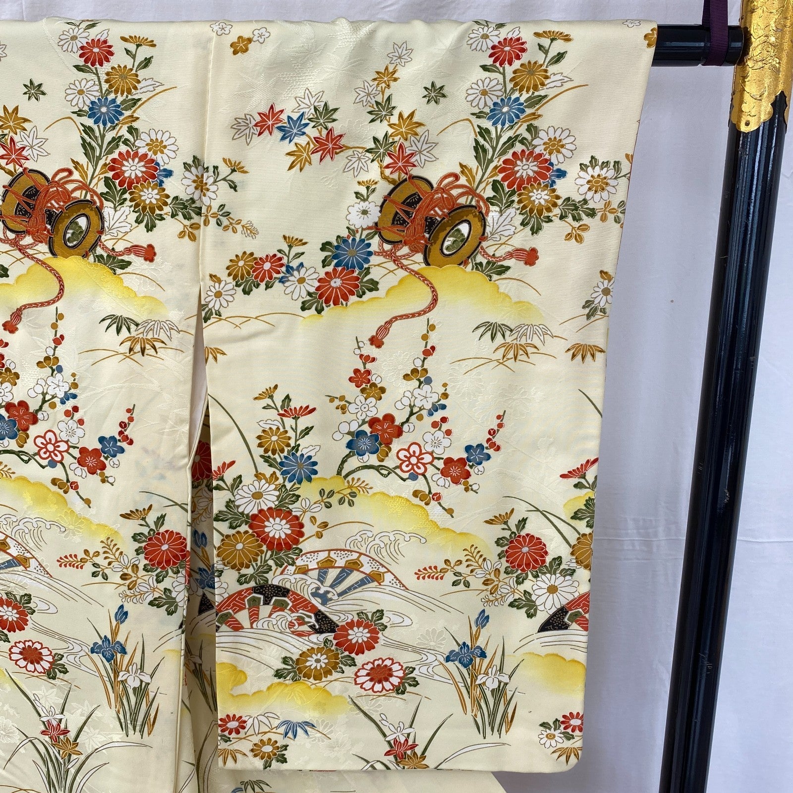 Japanese Vintage Kimono Polyester Yellow Komon Traditional Authentic Length 66in15