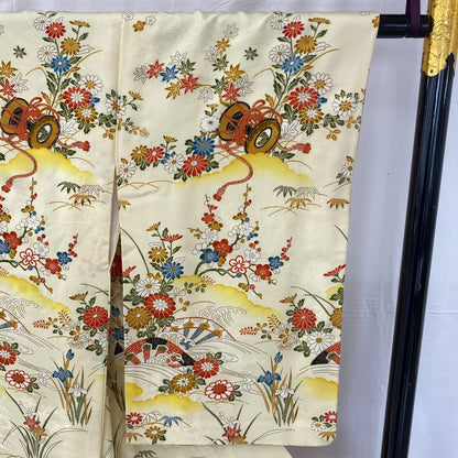 Japanese Vintage Kimono Polyester Yellow Komon Traditional Authentic Length 66in15