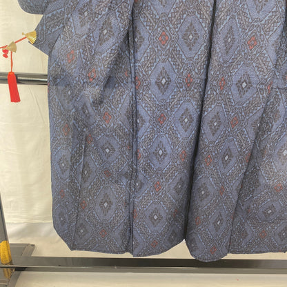 Japanese Vintage Kimono Silk Navy No Lining Oshima Tumugi Traditional Length57in10