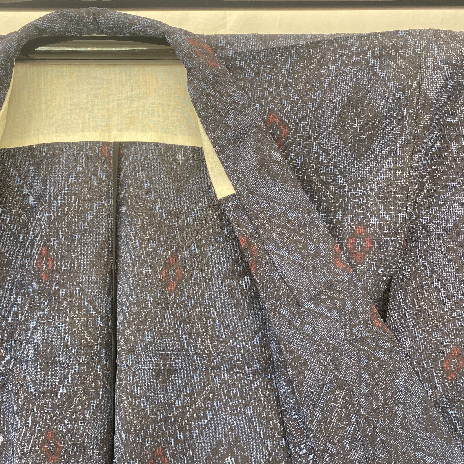 Japanese Vintage Kimono Silk Navy No Lining Oshima Tumugi Traditional Length57in6