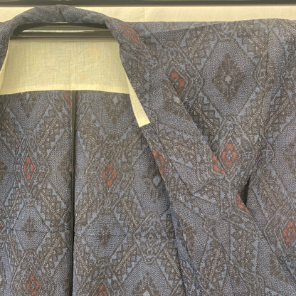 Japanese Vintage Kimono Silk Navy No Lining Oshima Tumugi Traditional Length57in6