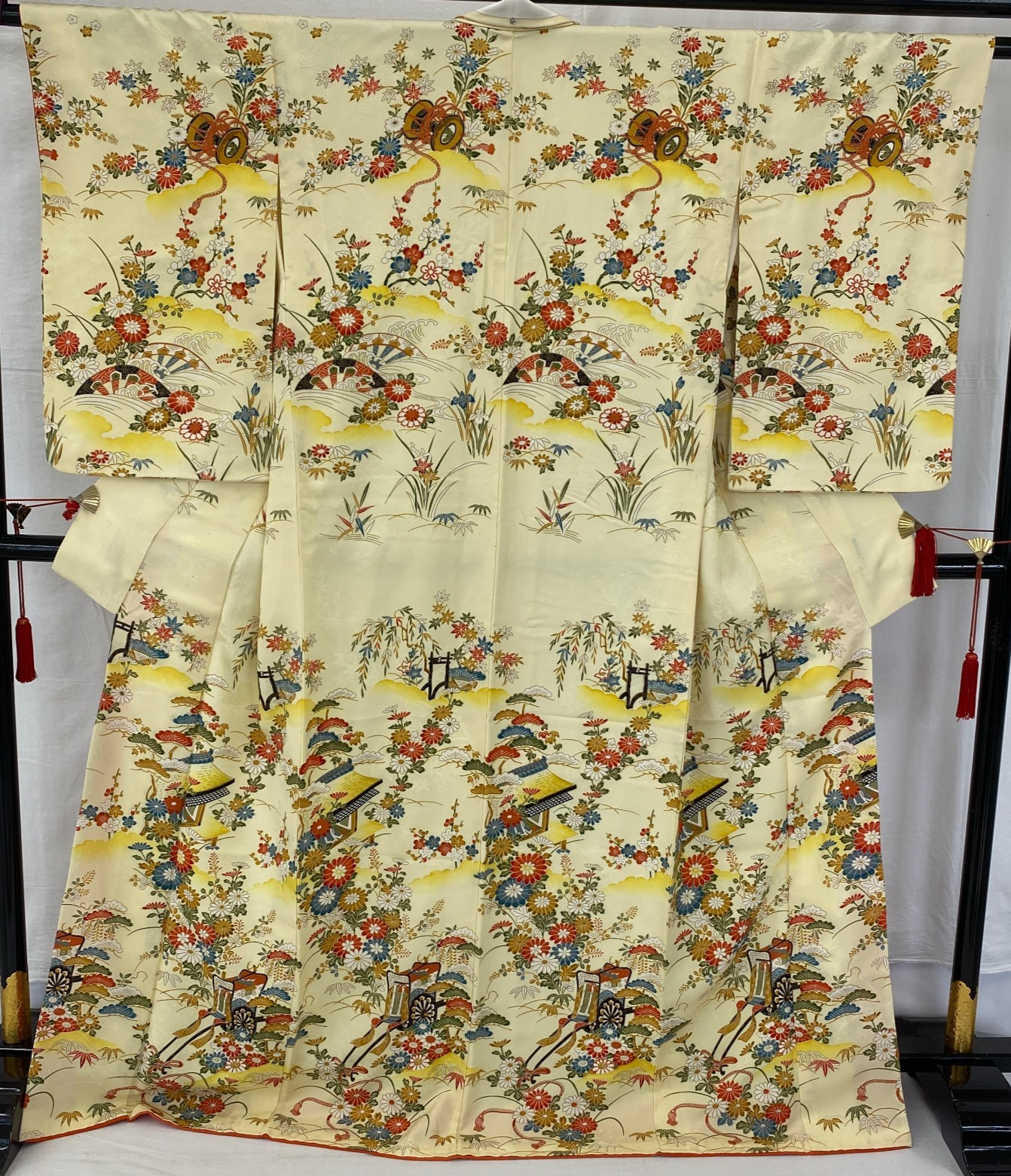 Japanese Vintage Kimono Polyester Yellow Komon Traditional Authentic Length 66in0