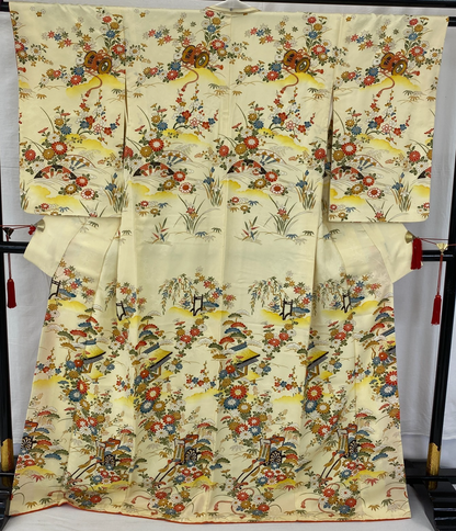Japanese Vintage Kimono Polyester Yellow Komon Traditional Authentic Length 66in0