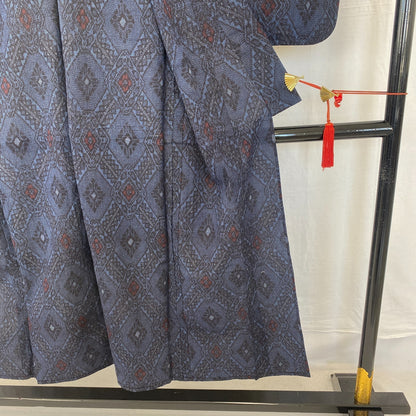 Japanese Vintage Kimono Silk Navy No Lining Oshima Tumugi Traditional Length57in12