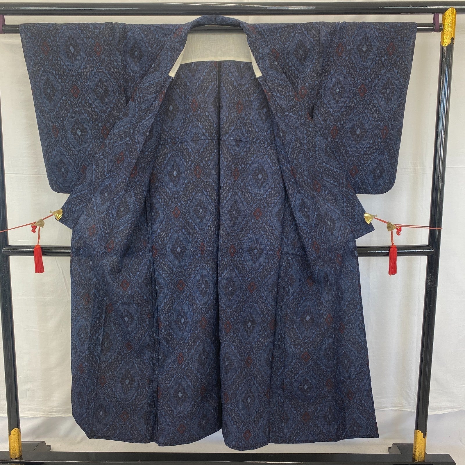 Japanese Vintage Kimono Silk Navy No Lining Oshima Tumugi Traditional Length57in2
