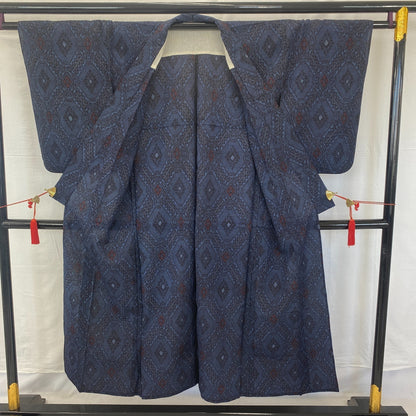 Japanese Vintage Kimono Silk Navy No Lining Oshima Tumugi Traditional Length57in2